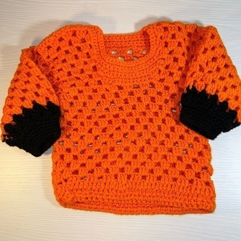 Handmade Knit Crochet Fall Halloween Charlie Brown Pumpkin Toddler Kids Sweater